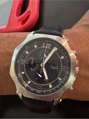 D&G Black Dial Silver-Tone Chronograph Watch with Dark Brown Strap